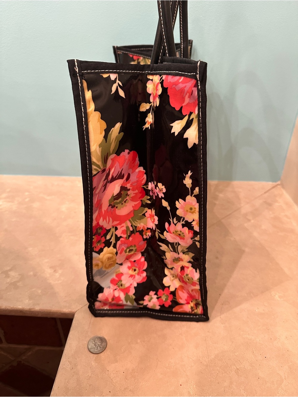 Anna Griffin Black Floral Tote Bag with Pink & Yellow Blooms - Picture 4 of 6